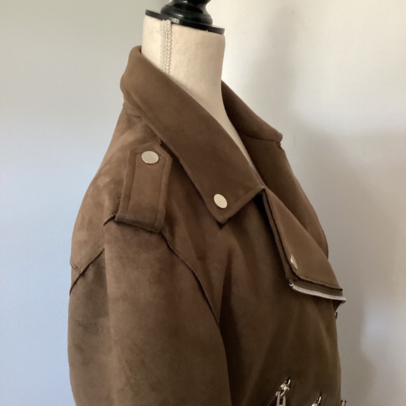 T TAHARI SIZE MEDIUM BROWN MOTO JACKET FAUX SUEDE - Picture 8 of 13
